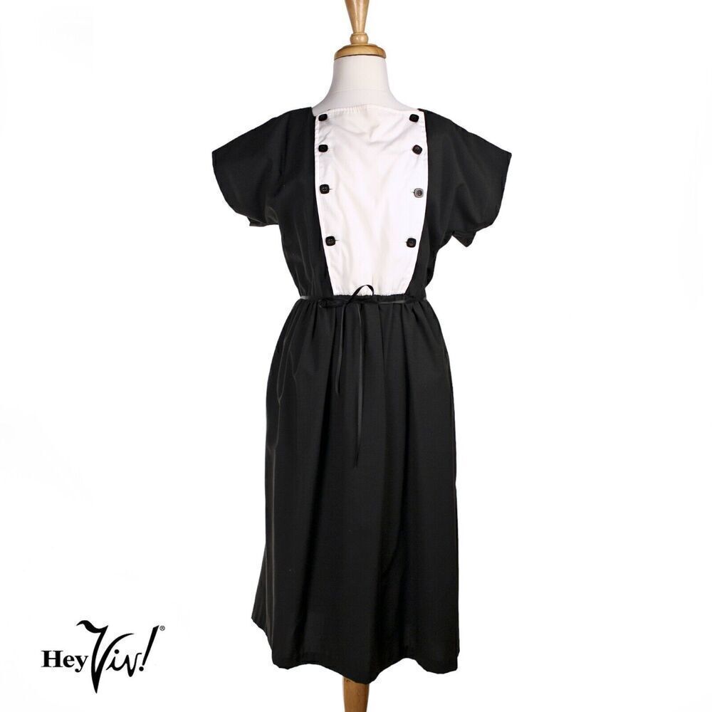 Vintage 70s Murray Meisner Black Dress w White Front Elastic Waist Sz L -Hey Viv